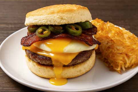 Maple bacon biscuit sandwich with hashbrowns.